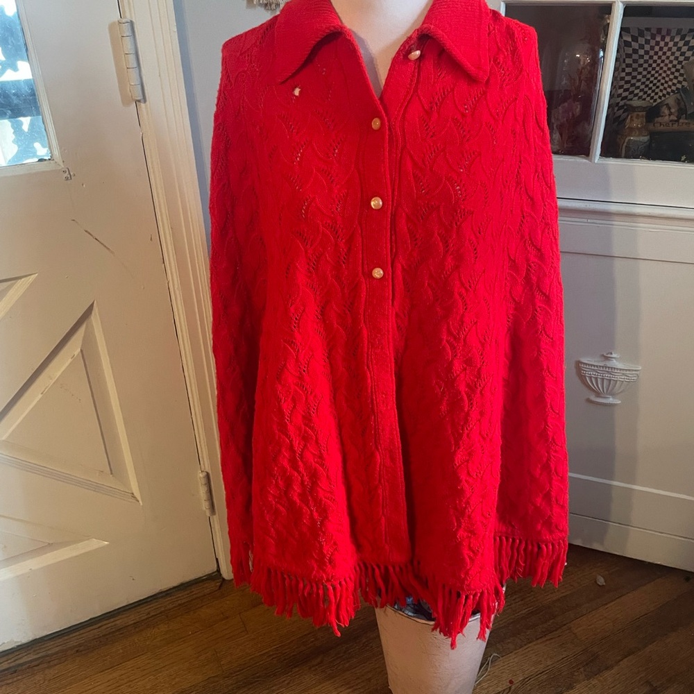 Vintage 1960’s Red Knit Poncho w/ Fringe Detail